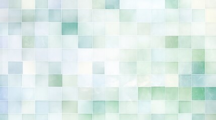 A close-up view of an abstract watercolor painting, depicting a grid of square tiles in shades of blue, green, and white