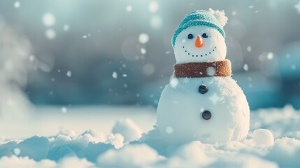 Fototapeta premium A snowman, dressed in a hat and scarf, stands distinctly amidst a mound of pristine snow Background lightly blurred