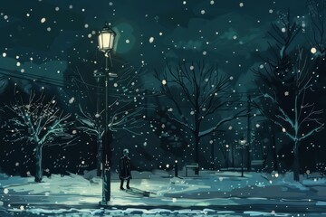 Obraz premium A quiet street covered in snow, illuminated by streetlights. Someone stands by a lamppost, Cozy vibe, Generative AI