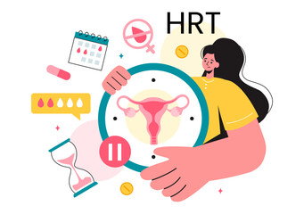 Obraz premium HRT or Hormone Replacement Therapy Acronym Vector Illustration with Treatment and Hormone Medication in a Healthcare Flat Cartoon Background