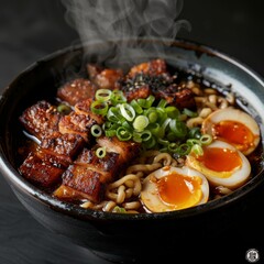 Delicious bowl of steaming ramen with thick pork chunks, soft-boiled eggs, and fresh green onions, perfect for a comforting meal.