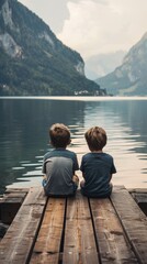 Fototapeta premium Two young boys sit on a wooden dock, backs to the camera, gazing out at the calm, reflective waters of a mountain lake. 