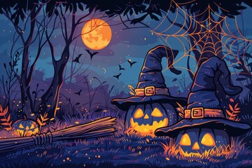 Cartoon Style Halloween Backdrop with Spider Webs Broom and Witch Hat