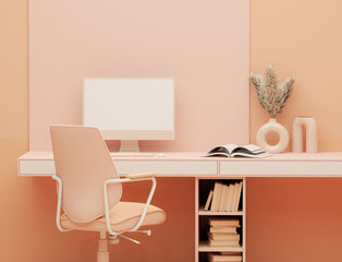 Peach fuzz monochrome minimal office table desk. Concept for study desk, dry leaves vase and workspace with screen desktop. Coral pink background. Mockup template. 3d render	