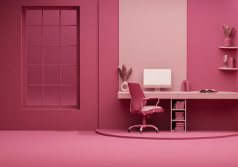Viva magenta monochrome minimal office table desk. Concept for study desk, dry leaves vase and workspace with screen desktop. Dark pink background. Mockup template. 3d render	