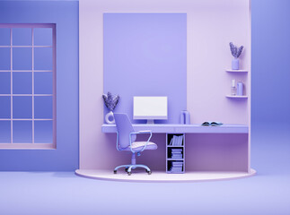 Purple monochrome minimal office table desk. Concept for study desk, dry leaves vase and workspace with screen desktop. Mockup template. 3d render	