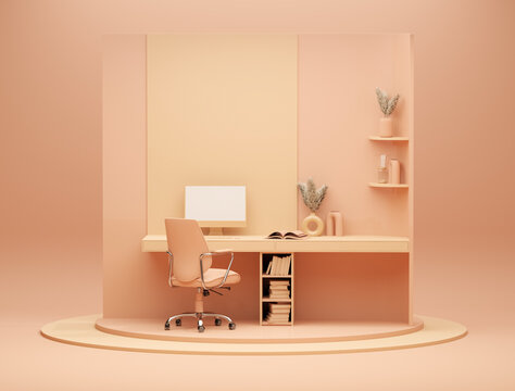Peach fuzz monochrome minimal office table desk. Concept for study desk, dry leaves vase and workspace with screen desktop. Coral pink background. Mockup template. 3d render	