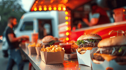 street food festival fastfood stand burgers chicken shawarma paper take away boxes modern truck people bokeh effect hyper realistic photo cinematic lighting low angle street photography