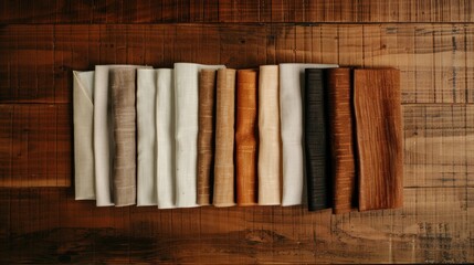 A collection of hand-stitched sleeves, each designed for a different volume of poetry, displayed artistically on a wooden surface with gentle lighting