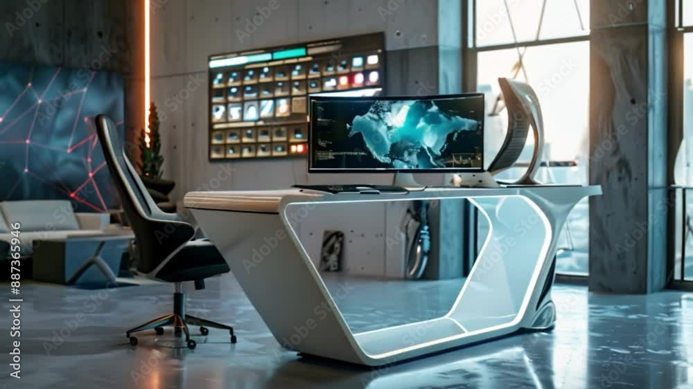 Poster a futuristic office desk with an illuminated edge and computer monitors displays a world map and a g