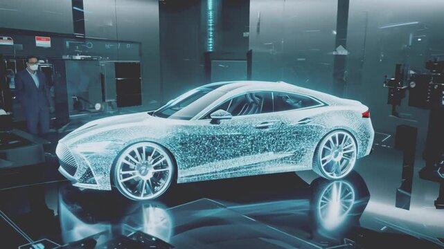A digital rendering of a car is shown in a showroom setting, a man stands nearby in the background.