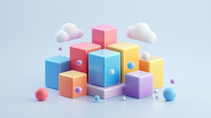 Fototapeta premium Abstract Futuristic 3D Render Minimalistic Style with Floating Geometric Shapes Isometric Design, Light Color Theme, Bright Background, and Soft Lighting