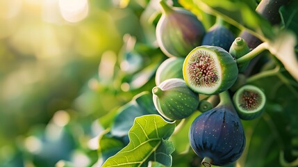 Closeup photography of unripe green figs on a fig tree outdoors