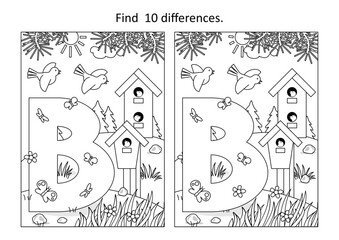 Obraz premium Letter B difference game and coloring page. B is for bird. B is for birdhouse. B is for butterfly. 