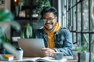 Young Asian Man Working from Home with Laptop and Coffee Smiling in Casual Attire