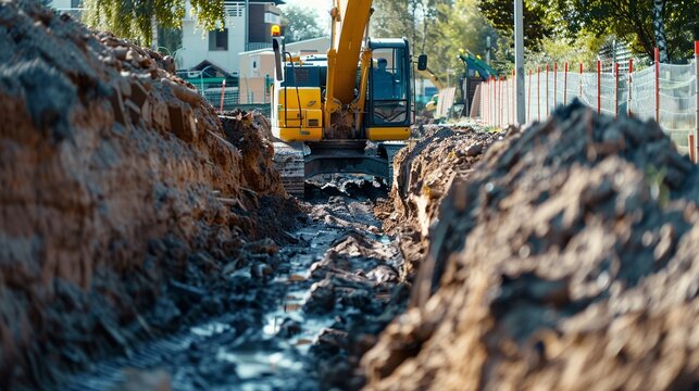 Sharp photo of a trenching machine digging a trench on a land development project, with no people around