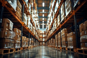 Fototapeta premium High-angle shot of a warehouse with rows of shelves stacked with boxes and goods, emphasizing organization and storage , cinematic, high contrasty, realistic 
