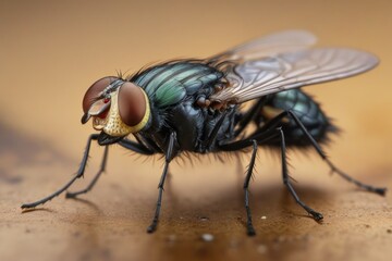 A macro close-up of a fly perched showing its detailed hairy body wings and compound eyes isolated solid background