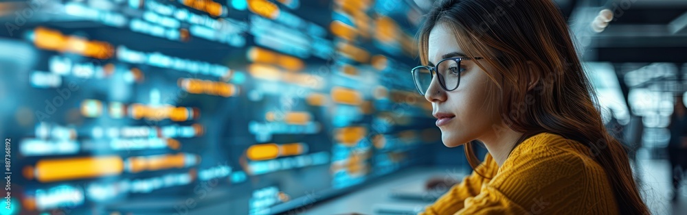 Poster focused programmer looking at code on a screen