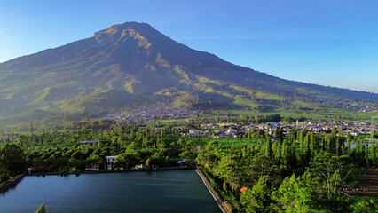 Fototapeta premium Drone view of Sindoro Mountain or Sumbing mountain from Embun Kledung Temanggung. 