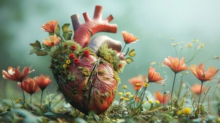 human heart, with growing flowers from it, on light green background, realistic, 3d render 