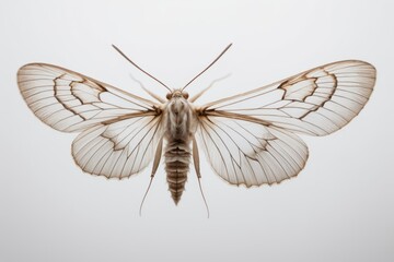 close-up moth with brown wings rests on white background