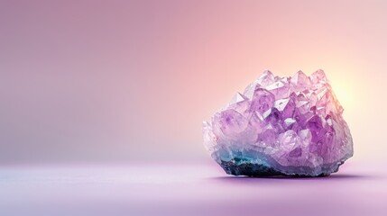 Obraz premium A purple rock atop a purple tablecloth Nearby, a pink-and-white wall with a pink light behind it Pink and white elements complement the hues of the