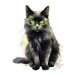 A black cat with green eyes sits against a white background