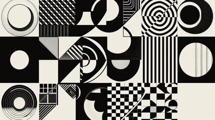 Monochromatic Geometric Collage: Abstract art featuring a captivating blend of black, white, and gray geometric shapes, creating a visually stunning and modern design.  Perfect for backgrounds.