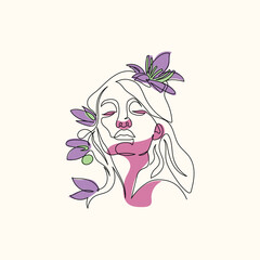 Line Art Woman Flowers Illustration