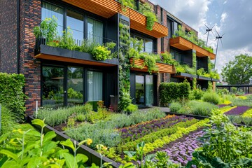 Image of small wind turbines installed on residential rooftops, integrated with solar panels for a hybrid system. 