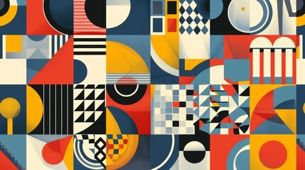 Obraz premium Geometric Symphony: A vibrant tapestry of color and shape, featuring bold geometric patterns in a dynamic and modern composition. Perfect for projects needing a touch of retro-modern design. 