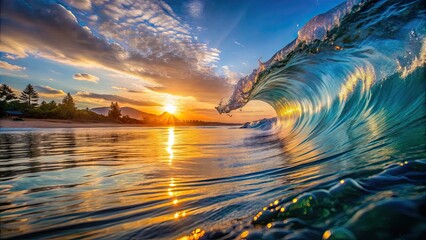 Crystal clear wave cresting into shore with a calm ocean and beautiful sunset background, crystal clear, wave