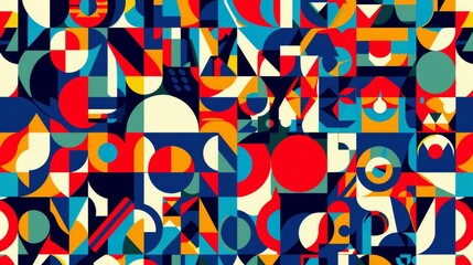 Obraz premium Geometric Symphony: A vibrant and dynamic abstract artwork featuring a captivating interplay of shapes, colors, and patterns. Bold geometric forms create a visually stimulating design.