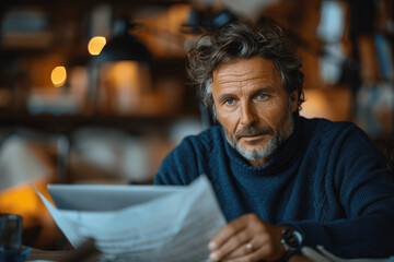 Fototapeta premium Happy businessman analyzing documents on laptop in modern office. Confident professional wearing blue sweater working from home at office desk