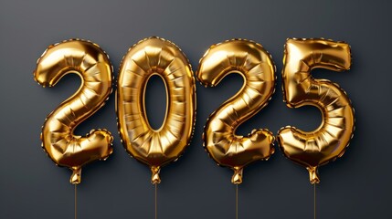 Happy New Year 2025 golden number foil balloons isolated on dark gray background.