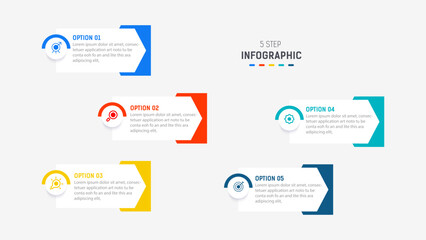 Five Step Infographic design element template for presentation. info graphic illustration. process diagram and presentations step,  banner, flow chart, 5 option template.