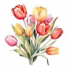 Fototapeta premium Watercolor painting of vibrant tulips - red, yellow, and pink - arranged in a cluster with stems and leaves