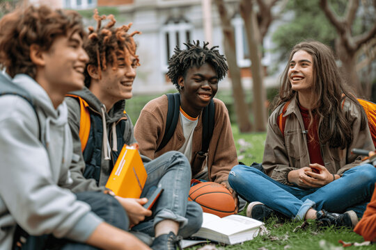 Multiracial Students Relaxing and Socializing at Campus College Park with Friends and Books
