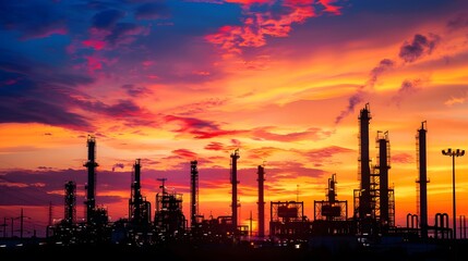 Fototapeta premium Oil and gas refinery with silhouette over the sunset.