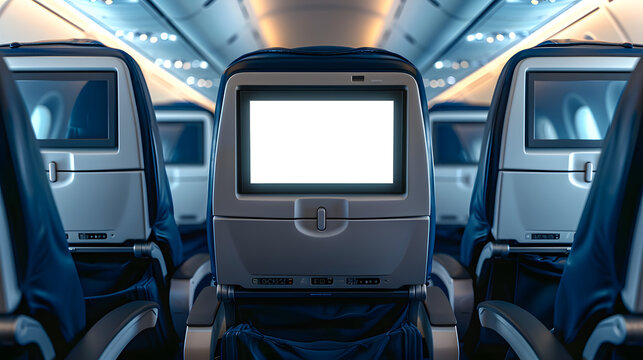 Airplane seats with blank LCD screen mockup device for entertainment to serve passenger on a plane trip