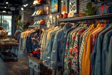 shot of clothes hanging in a clothing store, funky street wear styles of clothes, realistic, bright 