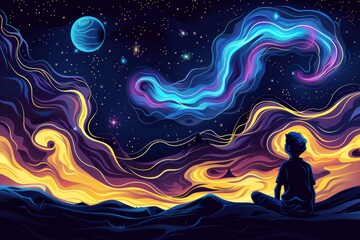 Person sitting under a cosmic sky, symbolizing wonder and contemplation in a surreal and colorful setting.