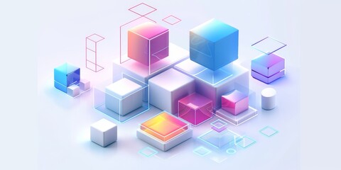 Obraz premium Abstract Futuristic 3D Render Minimalistic Style with Floating Geometric Shapes Isometric Design, Light Color Theme, Bright Background, and Soft Lighting