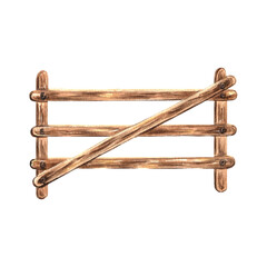 Wooden fence, gates country house. Timber border for farm. Hand drawn watercolor illustration isolated. Horse barrier facade. Countryside hedge. Clip art for sticker, scrapbooking, invitation, card.