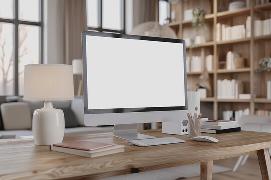 Modern office desk setup with computer monitor, organized books, natural lighting