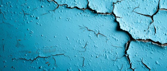 Obraz premium A blue wall with cracks and water droplets, wetting and chipping paint
