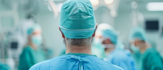  A surgeon's head faced away from us, standing in an operating room amidst background surgeons