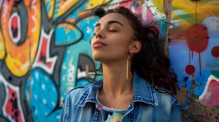 Fototapeta premium A young woman in a denim jacket stands confidently against a wall with colorful graffiti. Her eyes are closed and she is looking upwards, possibly in thought or reflection