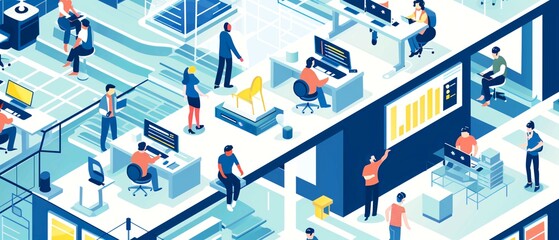 ITワーカーがオフィスで働く抽象的なイメージのイラスト